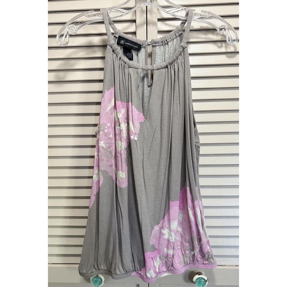 INC Halter Tank Top Blouse Size XL Gray/Pink Sequins Flowers Elastic Hem Boho